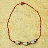 Bauxite and recycled paper pendant necklace, 'Newsworthy' - Handmade Necklace with Recycled Paper Beads
