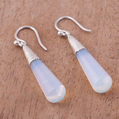 Sterling silver dangle earrings, 'Glowing Drops' - Sterling Silver and Glass Dangle Earrings from Peru
