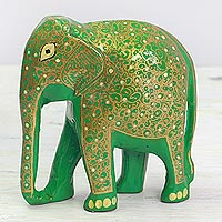 Wood and papier mache sculpture, 'Wise Elephant' - Papier Mache on Wood Green and Gold Elephant Sculpture