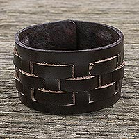 Leather wristband bracelet, 'Moto Chic in Brown' - Brown Leather Bracelet with Lattice Style Weaving