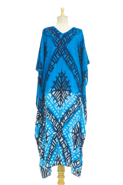 Cotton batik caftan, 'Thai Diamonds' - Peacock Blue Diamond Print Batik Caftan Dress