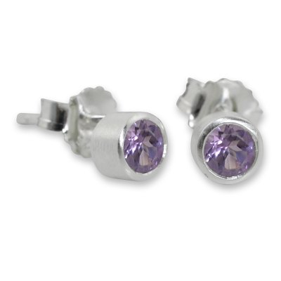 Amethyst stud earrings, 'Light' - Brushed Sterling Silver and Blue Topaz Studs Earrings