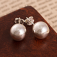 Sterling silver stud earrings, 'Gleaming Orbs' - Round Sterling Silver Stud Earrings Crafted in Peru