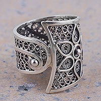 Sterling silver filigree band ring, 'Magical Flower Vine'