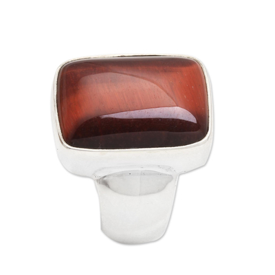 Tiger's eye single stone ring, 'Colors of Earth' - Tiger's Eye and Sterling Silver Single Stone Ring from Bali