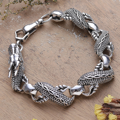 Men's sterling silver link bracelet, 'Mystic Dragon' (8.5 inch) - Dragon Themed Sterling Silver Link Bracelet (8.5 In)