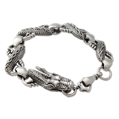 Men's sterling silver link bracelet, 'Mystic Dragon' (8.5 inch) - Dragon Themed Sterling Silver Link Bracelet (8.5 In)