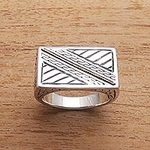 Patterned Gold Accented Sterling Silver Signet Ring, 'Divine Bridge'
