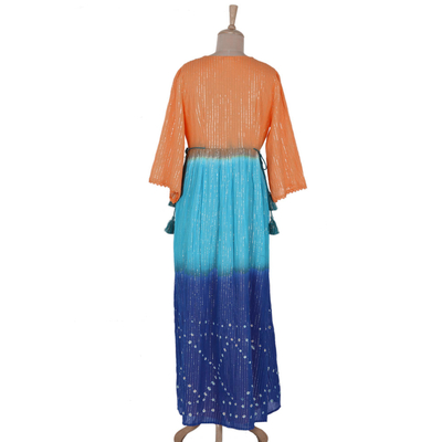 Vestido largo de algodón con cintura imperio - Vestido de algodón con mangas acampanadas y efecto tie-dye de la India