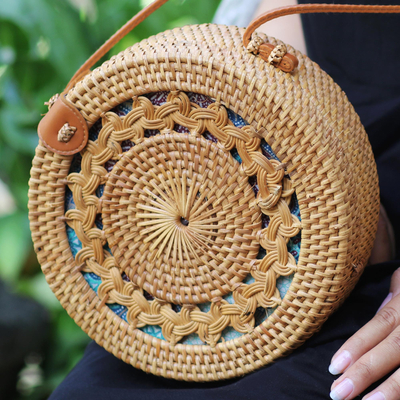 Eco-friendly bamboo sling bag, 'Braided Day in Natural' - Round Bamboo and Faux Leather Sling Bag
