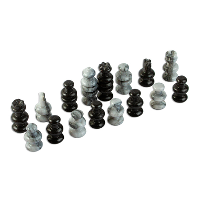 Marble and obsidian chess pieces, 'Sophisticate' - Hand Carved Grey Marble-Black Obsidian Chess Pieces Set