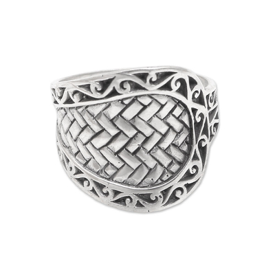 Men's sterling silver band ring, 'Celuk Cobra' - Men's Weave Motif Sterling Silver Band Ring from Bali