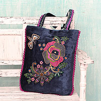 Applique shoulder bag, 'Butterfly Garden' - Velvet Applique Shoulder Bag with Embroidery and Sequins