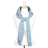 Cotton scarf, 'Teal Chiapas Accent' - Teal 100% Hand Woven Cotton Scarf with Fringe from Mexico