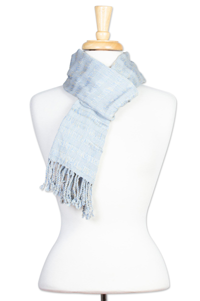 Cotton scarf, 'Periwinkle Chiapas Accent' - Blue Hand Woven Cotton Scarf with Fringe from Mexico