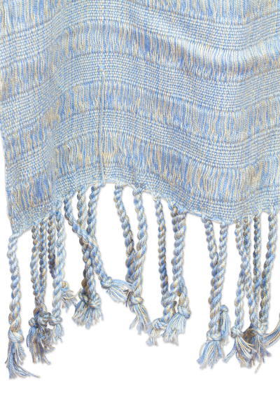 Cotton scarf, 'Periwinkle Chiapas Accent' - Blue Hand Woven Cotton Scarf with Fringe from Mexico