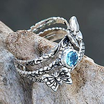 Set of 3 Stacking Silver Butterfly Rings with Blue Topaz, 'Butterfly Shrine'