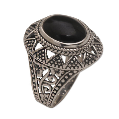 Onyx cocktail ring, 'Midnight Light' - Onyx and Sterling Silver Cocktail Ring from Bali