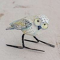 Ceramic figurine, 'Snowy Owl' - Hand Painted Snowy Owl Ceramic Bird Figurine from Guatemala