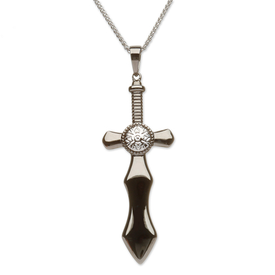 Men's black rhodium plated pendant necklace, 'Nuada' - Men's Sword Pendant in Black Rhodium Plated Sterling Silver