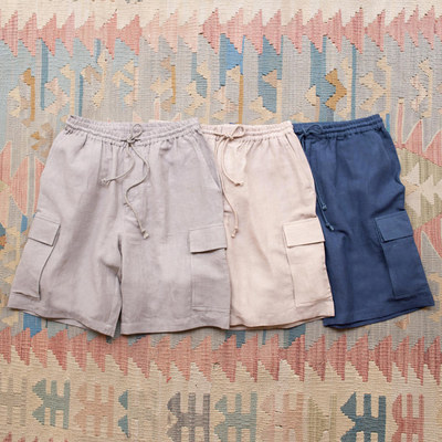 Men's linen-blend cargo shorts, 'Spring Cool in Navy' - Men's Navy Linen-Blend Cargo Shorts