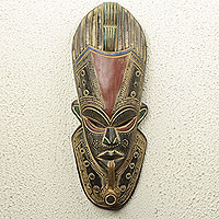 African wood mask, 'Smoking a Pipe' - Hand Carved African Mask with Embossed Aluminum