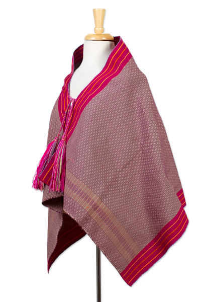 Cotton capelet, 'Bold Aubergine' - Hand Loomed Purple Shawl with Ties