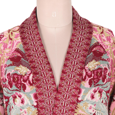 Jacquard knit cardigan, 'Vintage Rose Garden' - Jacquard Viscose-Blend Cardigan with Tie Belt