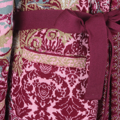 Jacquard knit cardigan, 'Vintage Rose Garden' - Jacquard Viscose-Blend Cardigan with Tie Belt