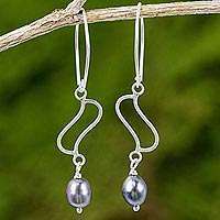 Cultured pearl dangle earrings, 'Whispering Breeze in Grey' - Thai Cultured Pearl and Sterling Silver Dangle Earrings