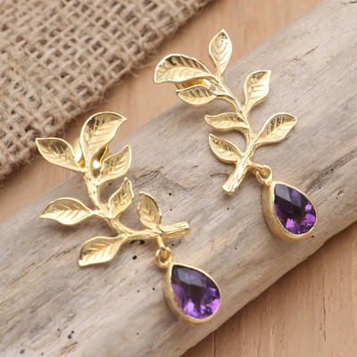 Gold-plated amethyst drop earrings, 'Sweet Cherry Leaves' - Gold-Plated Amethyst Drop Earrings