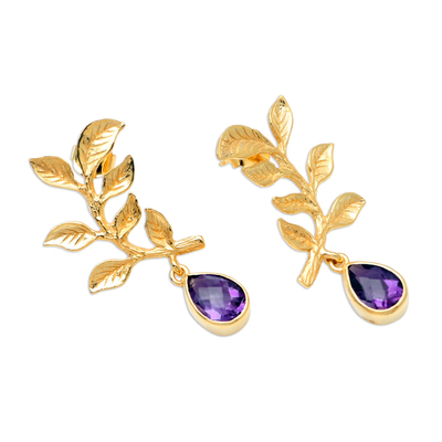 Gold-plated amethyst drop earrings, 'Sweet Cherry Leaves' - Gold-Plated Amethyst Drop Earrings