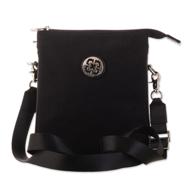 Cotton canvas shoulder bag, 'Urban Adventures' - Black Canvas Shoulder Bag with Multiple Compartments