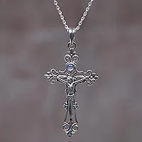 Rainbow moonstone cross necklace, 'Moon Crucifix' - Sterling Silver Rainbow Moonstone Cross Necklace