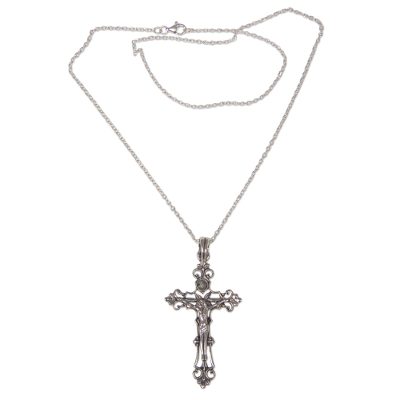 Rainbow moonstone cross necklace, 'Moon Crucifix' - Sterling Silver Rainbow Moonstone Cross Necklace