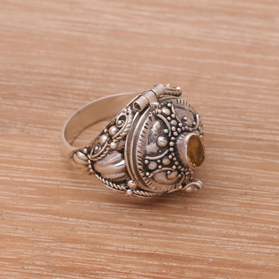 Citrine locket ring, 'Crusader's Secret' - Cross Motif Citrine Locket Ring from Bali