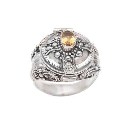 Citrine locket ring, 'Crusader's Secret' - Cross Motif Citrine Locket Ring from Bali