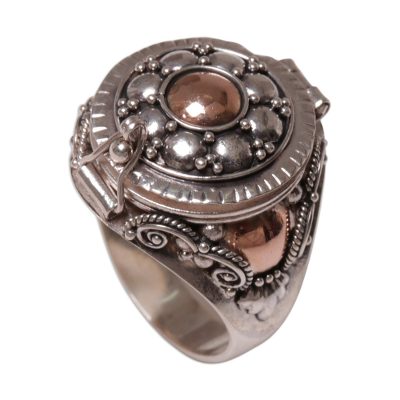 Gold accented sterling silver locket ring, 'Shining Secrets' - Gold Accented Sterling Silver Locket Ring from Indonesia