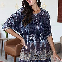 Embroidered viscose blouse, 'Jaipur Twilight' - Batwing Sleeve Viscose Blouse with Tie-Dye