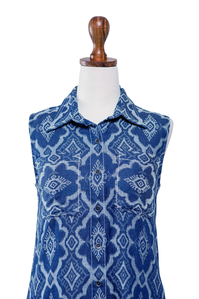 Vestido camisero de algodón - Vestido camisero 100% algodón azul con estampado geométrico