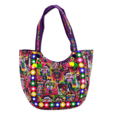 Embroidered tote handbag, 'Many Expressions' - Tote Handbag with Portraits from India