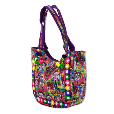 Embroidered tote handbag, 'Many Expressions' - Tote Handbag with Portraits from India