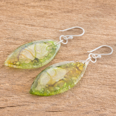 Recycled CD dangle earrings, 'Leafy Forest' - Green Recycled CD Dangle Earrings from Guatemala