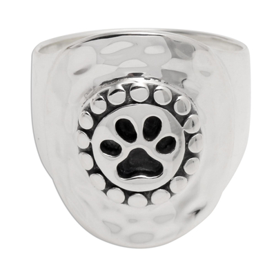 Sterling silver dome ring, 'Paw Perfection' - Wide Sterling Silver Paw Print Ring
