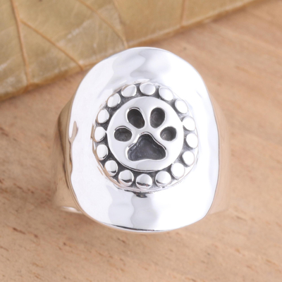 Sterling silver dome ring, 'Paw Perfection' - Wide Sterling Silver Paw Print Ring