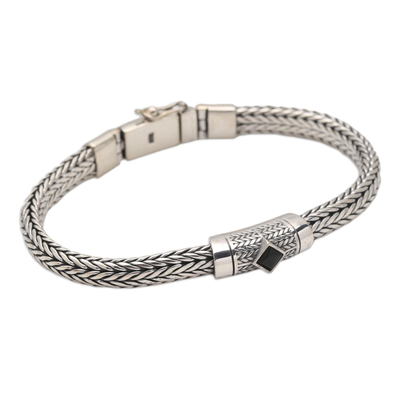 Men's onyx pendant bracelet, 'Foxtail Eye' - Men's Sterling Silver and Onyx Chain Bracelet