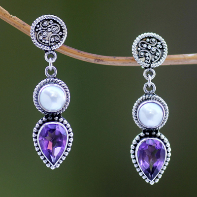 Cultured pearl and amethyst dangle earrings, 'Bright Moon' - Cultured pearl and amethyst dangle earrings