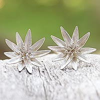 Sterling silver button earrings, 'Lotus Blossom Purity' - Handcrafted Sterling Silver Lotus Blossom Earrings from Bali