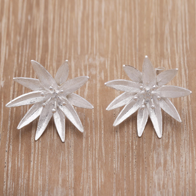 Sterling silver button earrings, 'Lotus Blossom Purity' - Handcrafted Sterling Silver Lotus Blossom Earrings from Bali