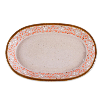 Ceramic butter dish, 'Flourish in Coral' - Handmade Ceramic Butter Dish in Coral
